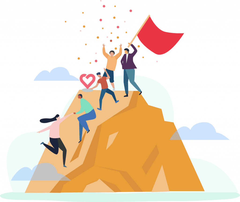 city of good website cover graphic showing people reaching a mountain peak