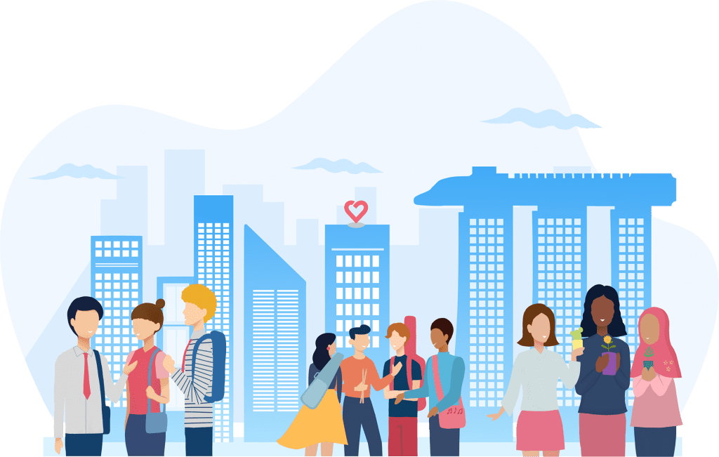city of good website graphic showing people talking with singapore skyline in background