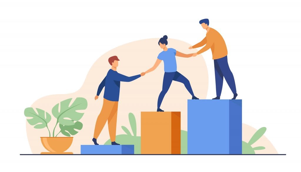 city of good website cover graphic showing people helping each other up a flight of stairs
