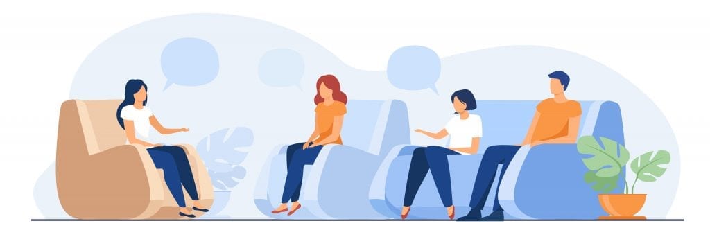 city of good website cover graphic showing people sitting around talking in chairs