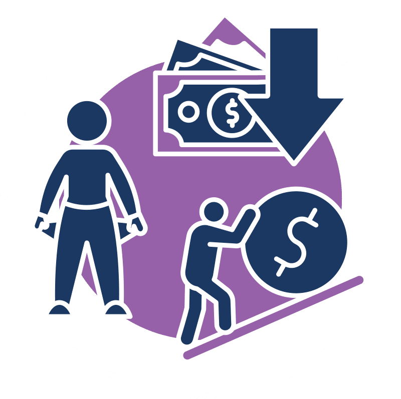 blue and purple graphic of money and money-making people
